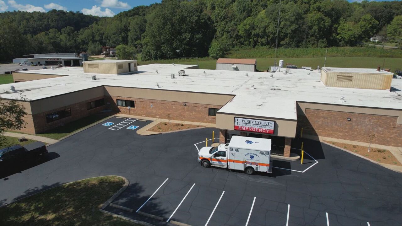 Aerial view of Perry County Community Hospital and its emergency entrance
